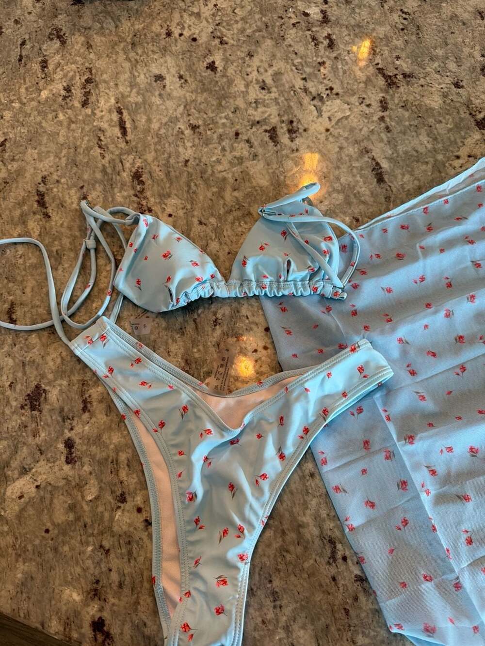 SHEIN Swim 3 Piece Light Blue Floral Bikini Set with Mesh Sarong